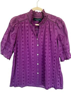 Lloyd's of London Purple Embroidered Ruffle-Neck Button Blouse